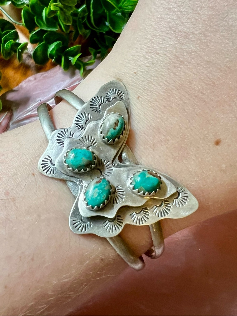 Sterling Silver Fox Turquoise Butterfly Cuff Bracelet Size 7 - Picture 2 of 10